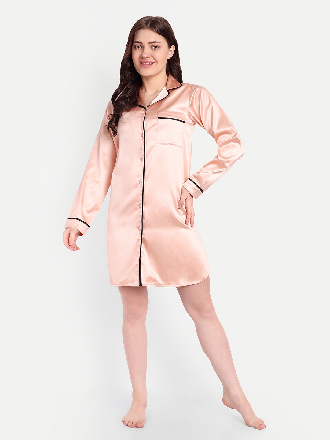 

So What Lapel Collar Long Sleeves Nightdress, Peach