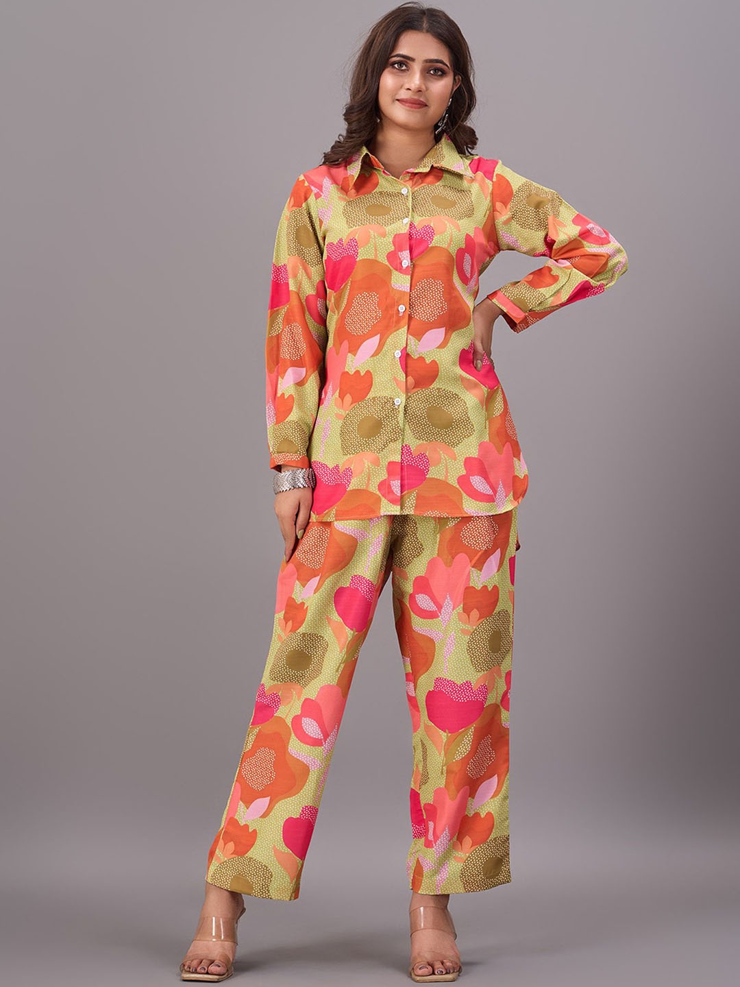 

GORGONE Floral Printed Shirt Collar Shirt & Trouser, Red