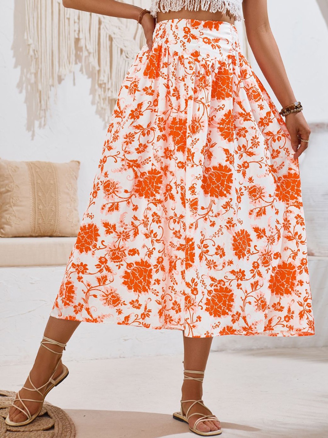 

StyleCast Printed Flared A-Line Midi Skirt, Orange