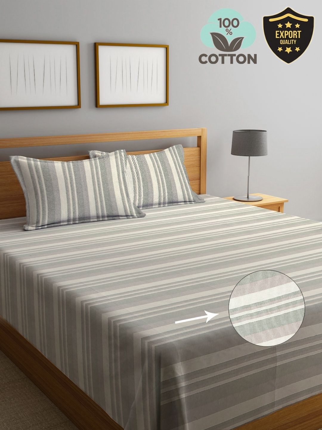 

KLOTTHE Grey Striped 400TC Pure Cotton King Bed Cover & Pillow Covers