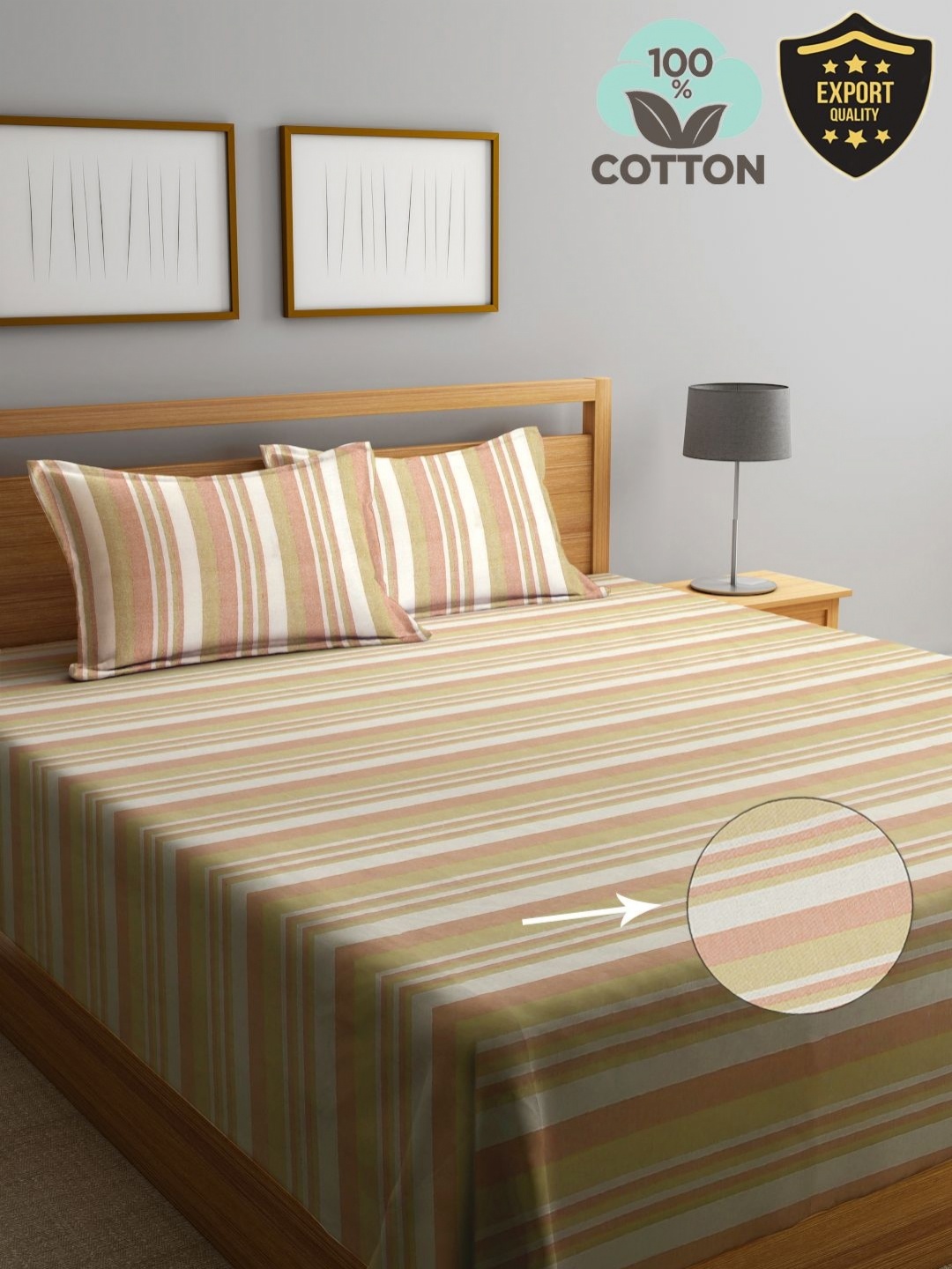 

KLOTTHE Brown Striped 400TC Pure Cotton King Bed Cover & 2 Pillow Covers