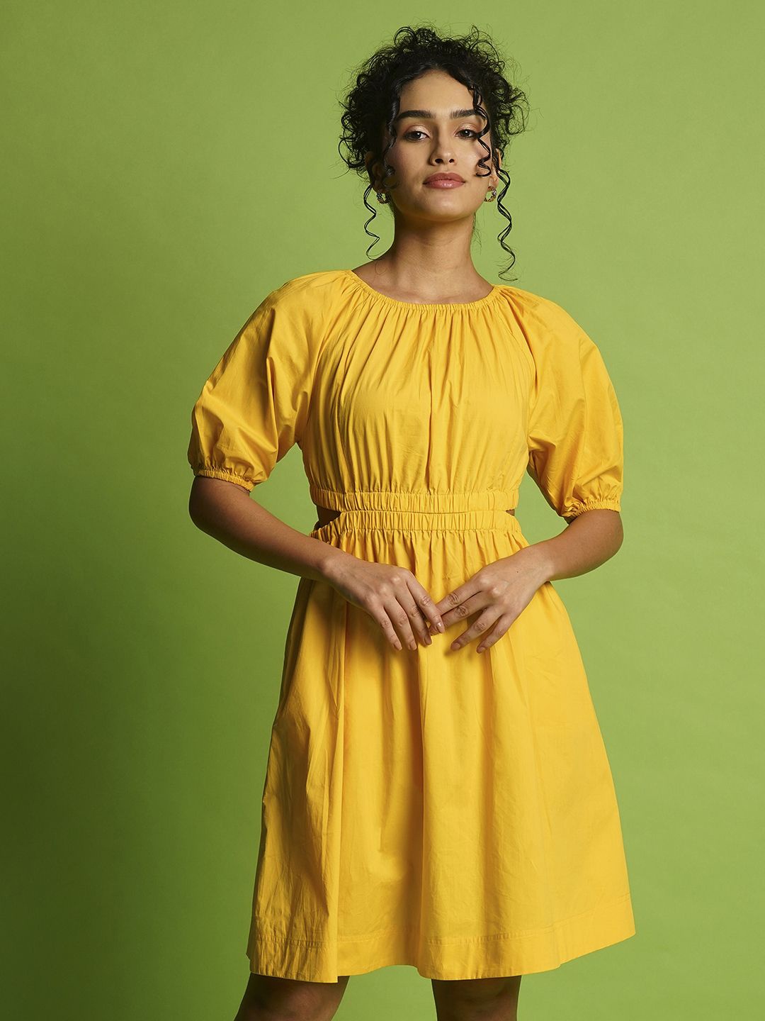 

Globus Puff Sleeves Gathered Cut-Outs Waist Knee Length Fit & Flare Dress, Yellow