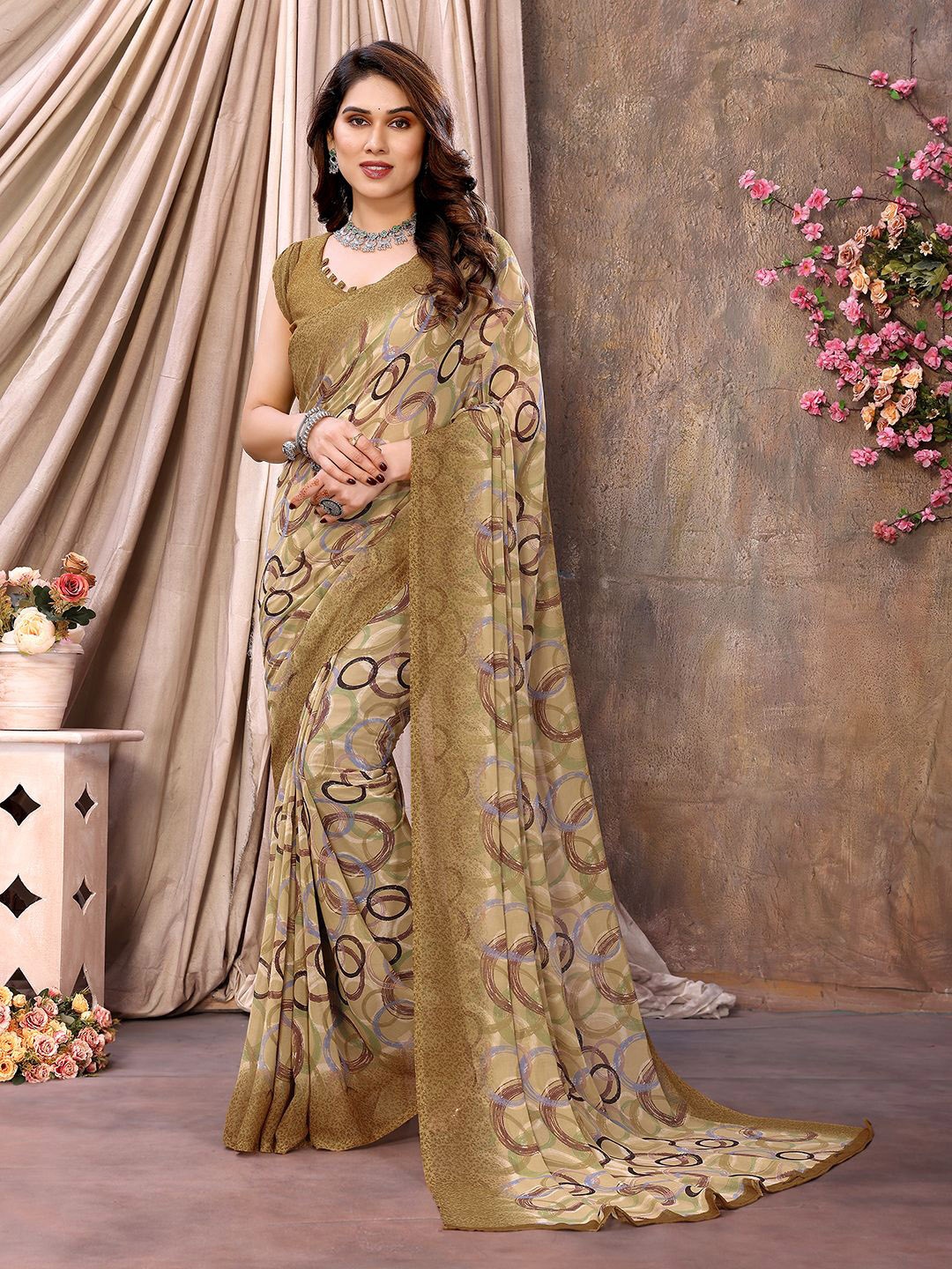 

ANAND SAREES Geometric Printed Pure Chiffon Saree, Beige