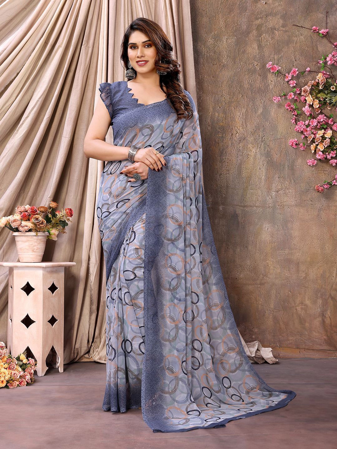 

ANAND SAREES Geometric Printed Pure Chiffon Saree, Grey