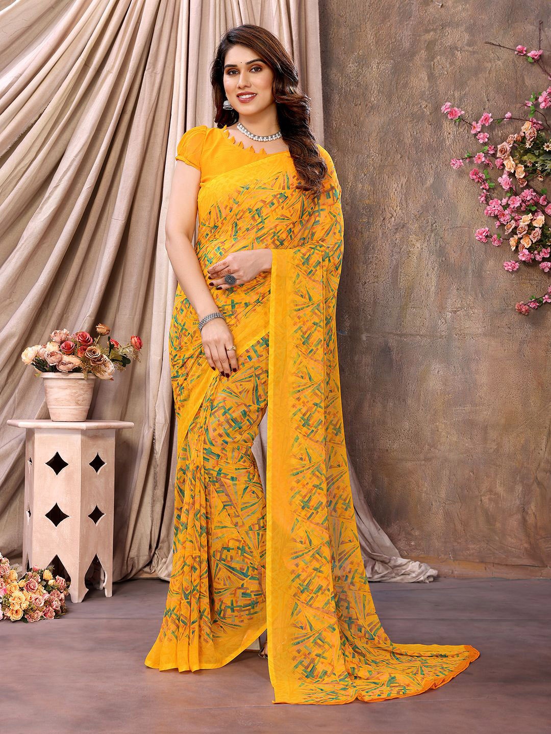 

ANAND SAREES Abstract Printed Pure Chiffon Saree, Yellow