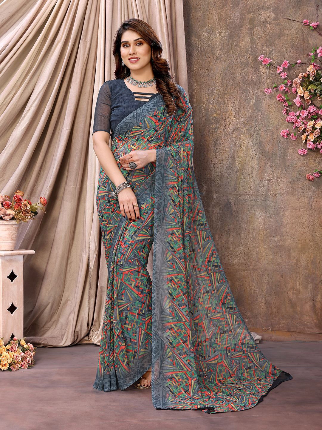 

ANAND SAREES Printed Pure Chiffon Saree, Grey