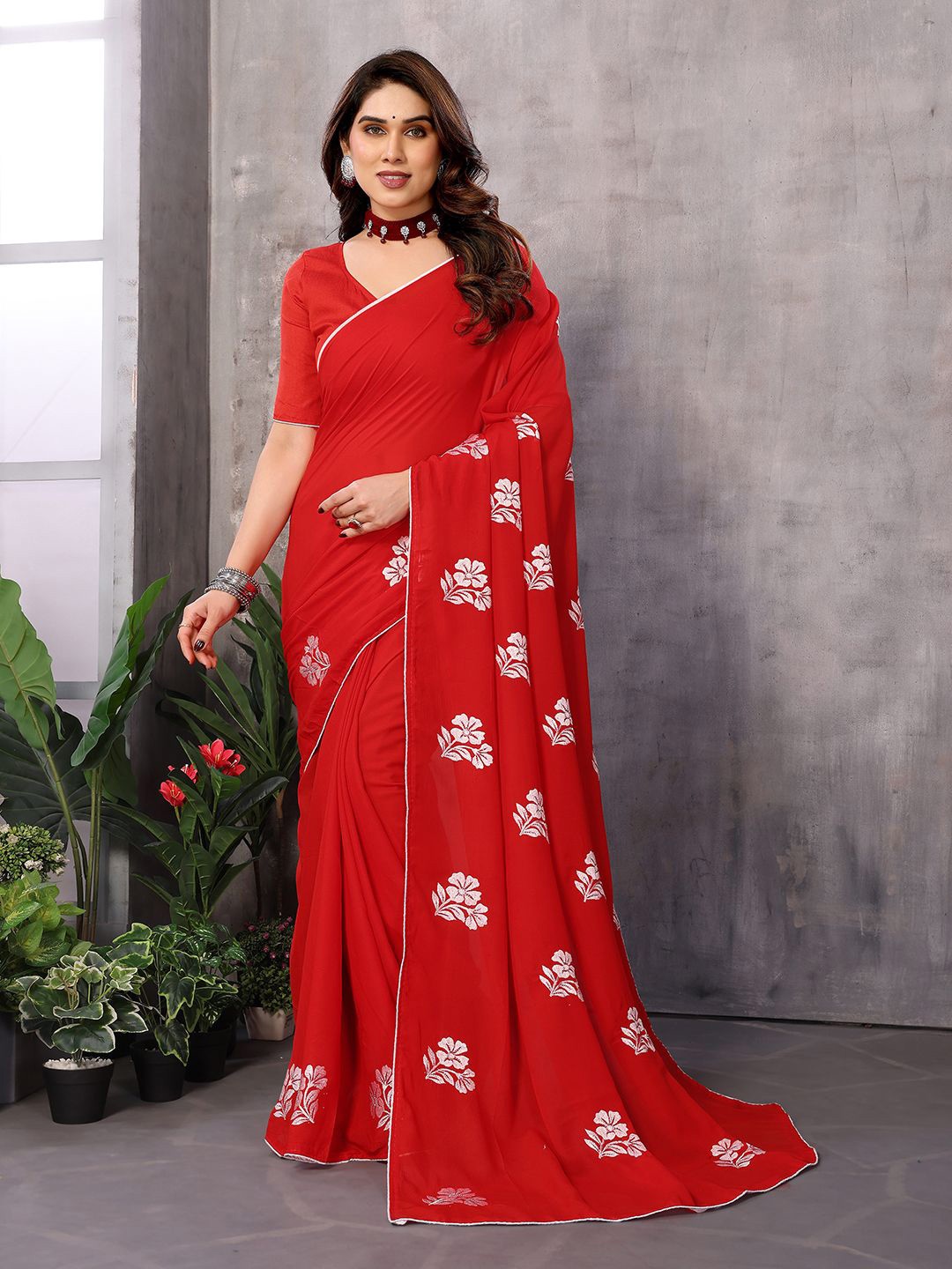 ANAND SAREES Floral Embroidered Pure Georgette Saree, Red