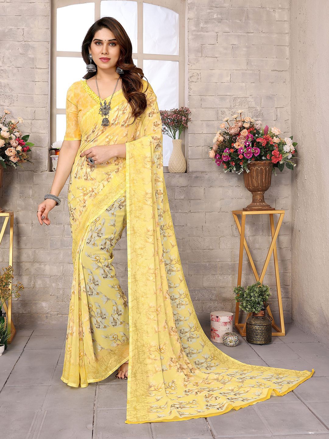 

ANAND SAREES Floral Pure Georgette Saree, Yellow