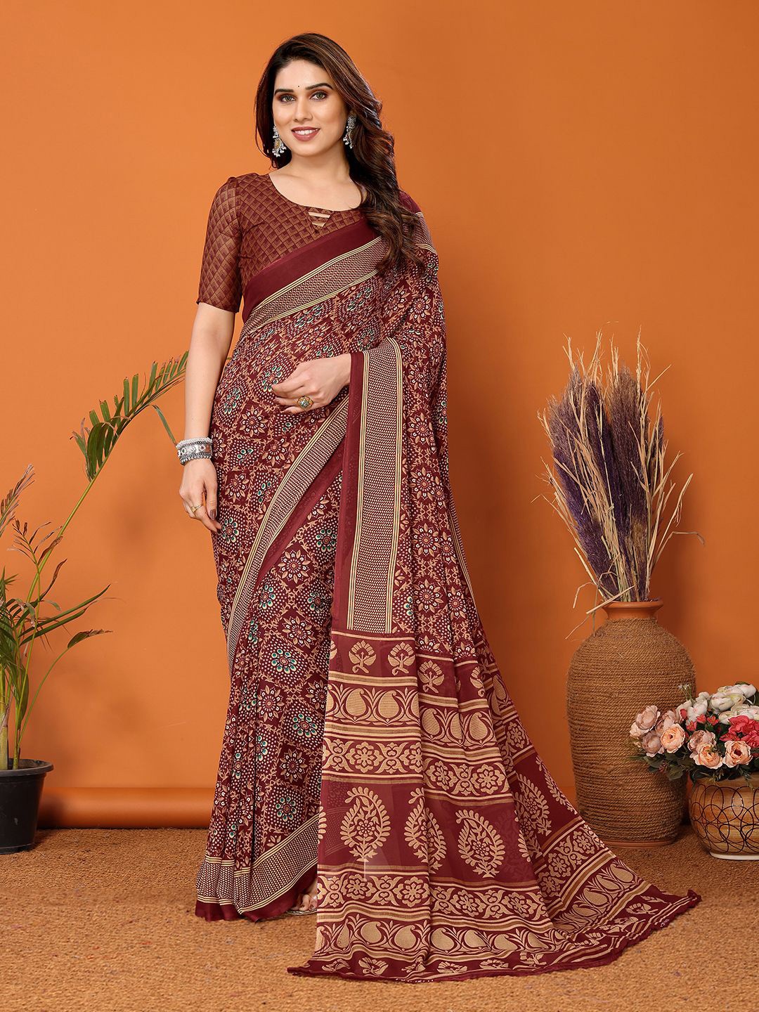 

ANAND SAREES Floral Printed Pure Georgette Saree, Maroon
