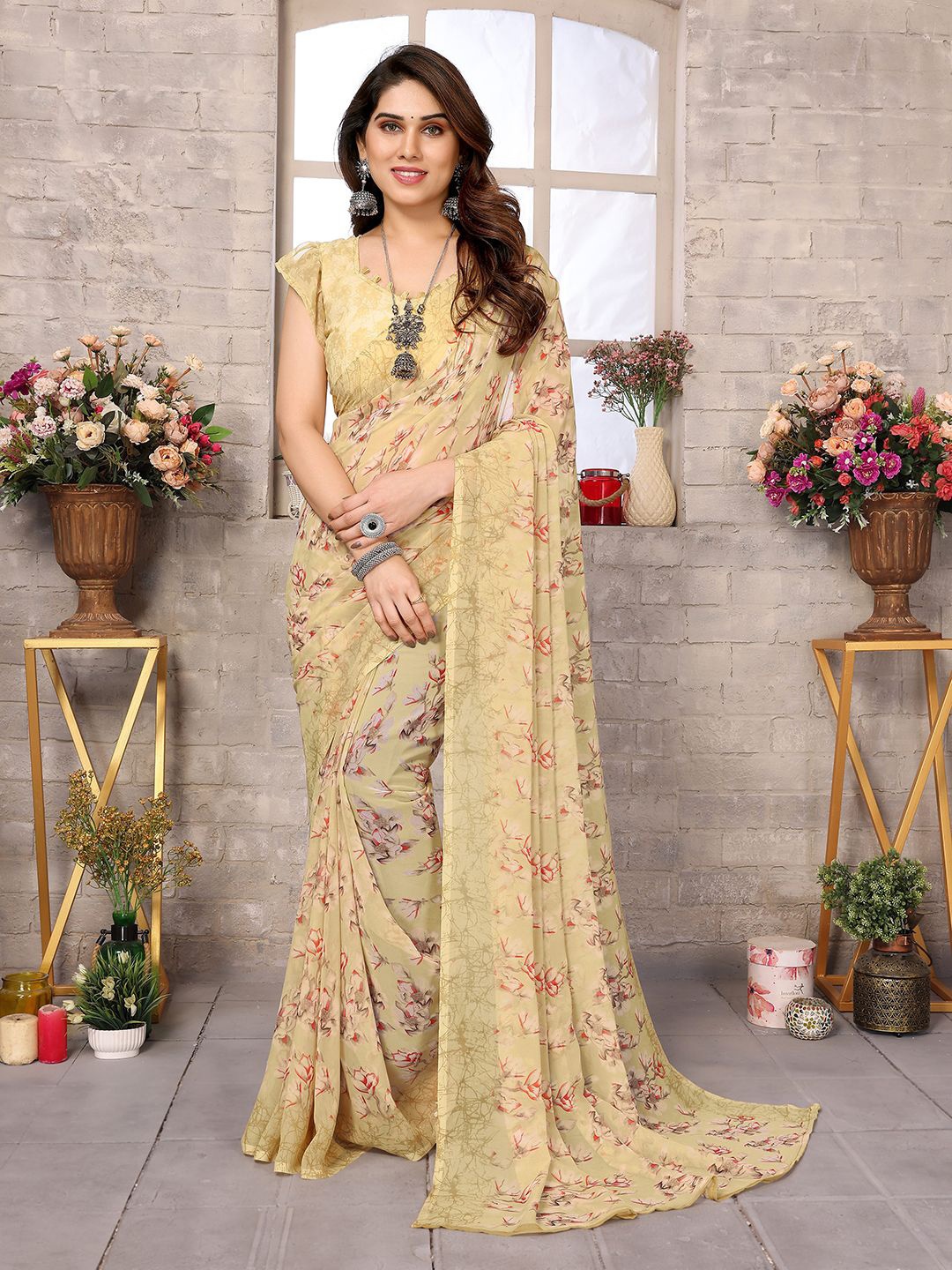 

ANAND SAREES Floral Pure Georgette Saree, Beige