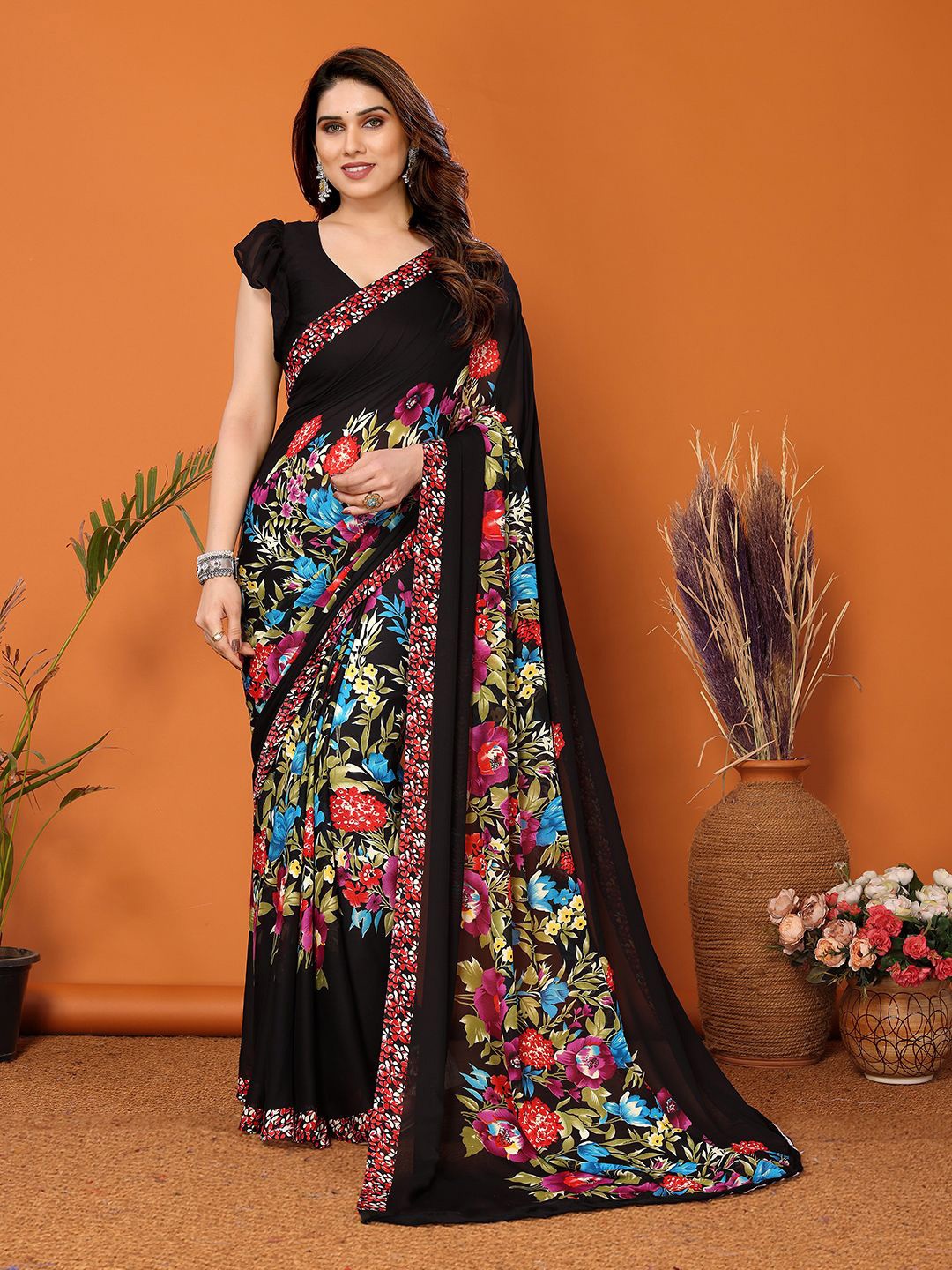 ANAND SAREES Floral Printed Pure Georgette Saree, Black