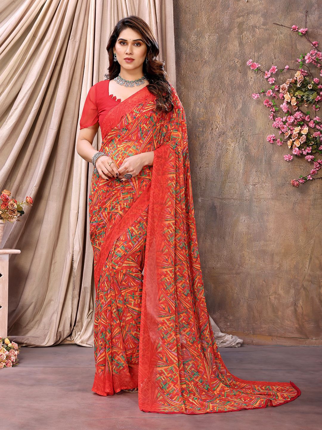 

ANAND SAREES Pure Chiffon Saree, Red