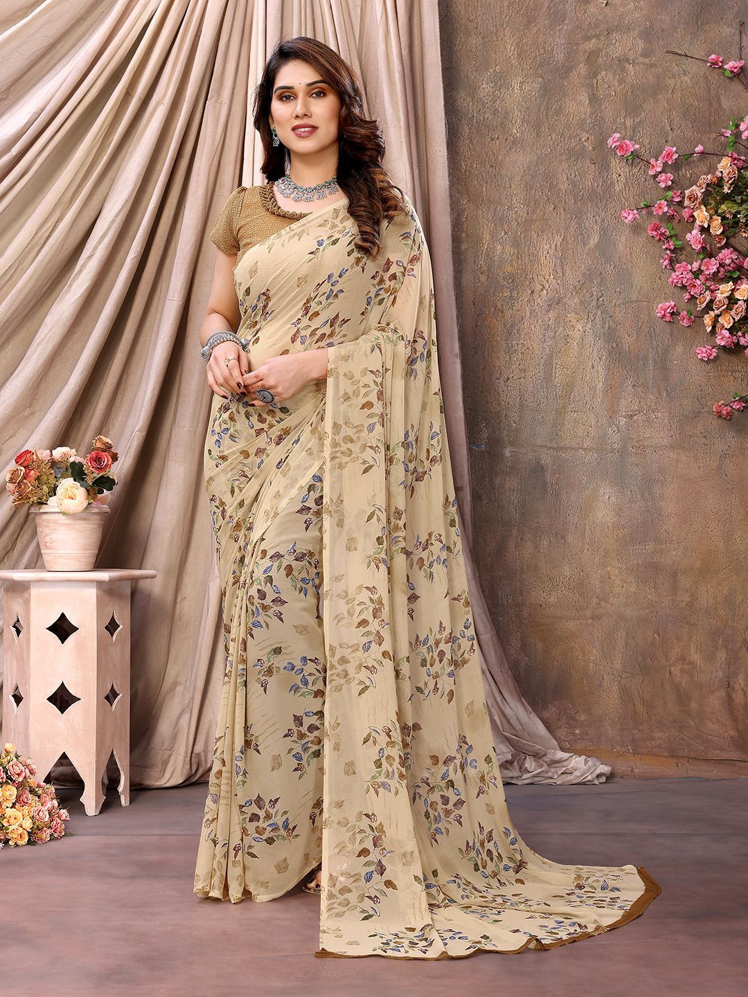 

ANAND SAREES Floral Pure Chiffon Saree, Beige