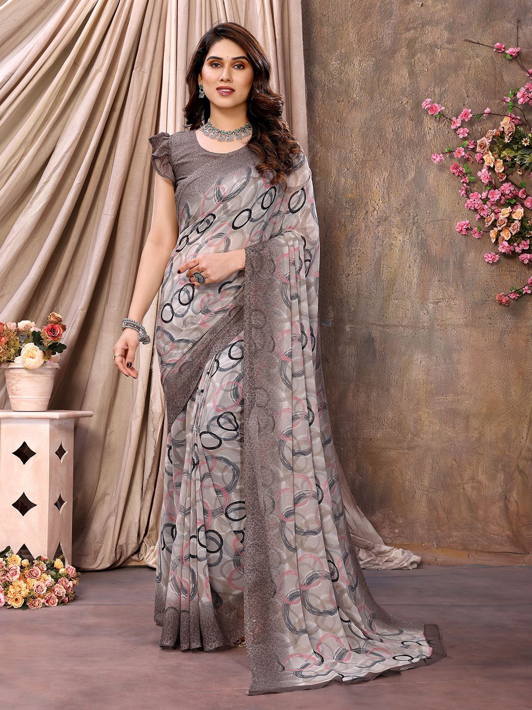 

ANAND SAREES Pure Chiffon Saree, Grey