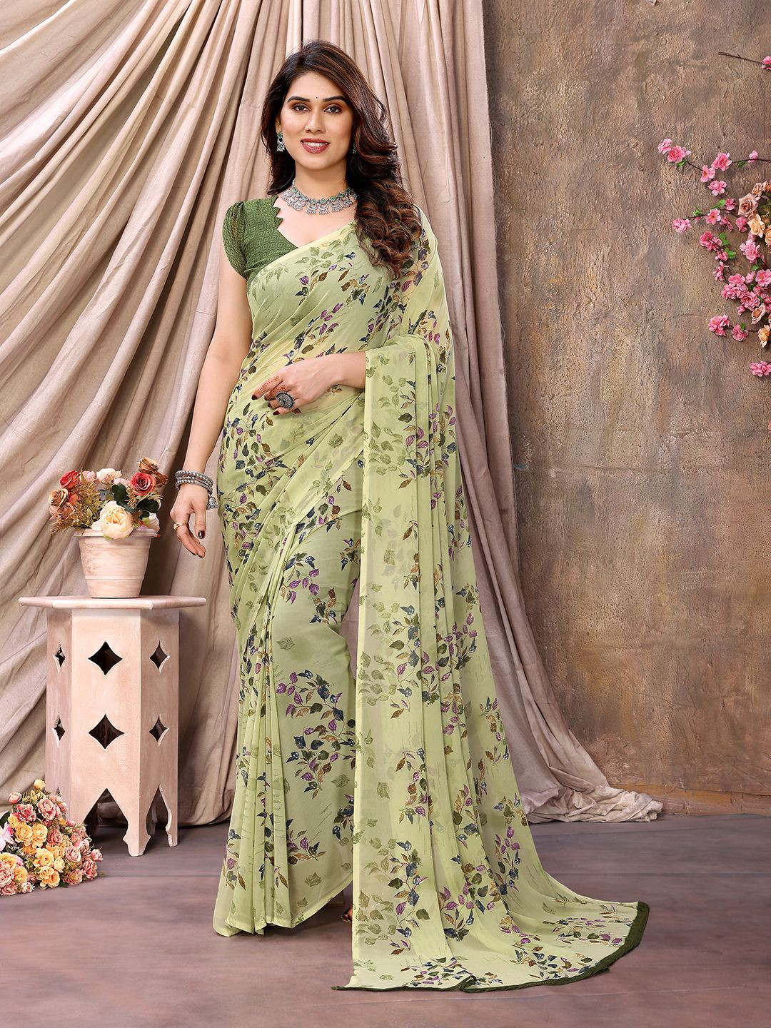 

ANAND SAREES Floral Pure Chiffon Saree, Green