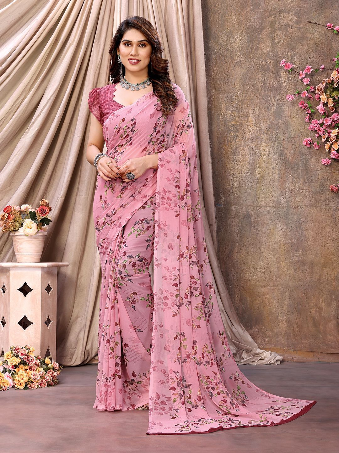 

ANAND SAREES Floral Pure Chiffon Saree, Pink