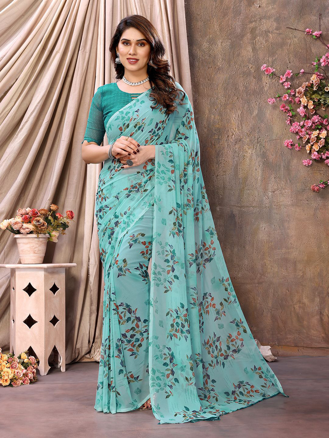 

ANAND SAREES Floral Pure Chiffon Saree, Blue