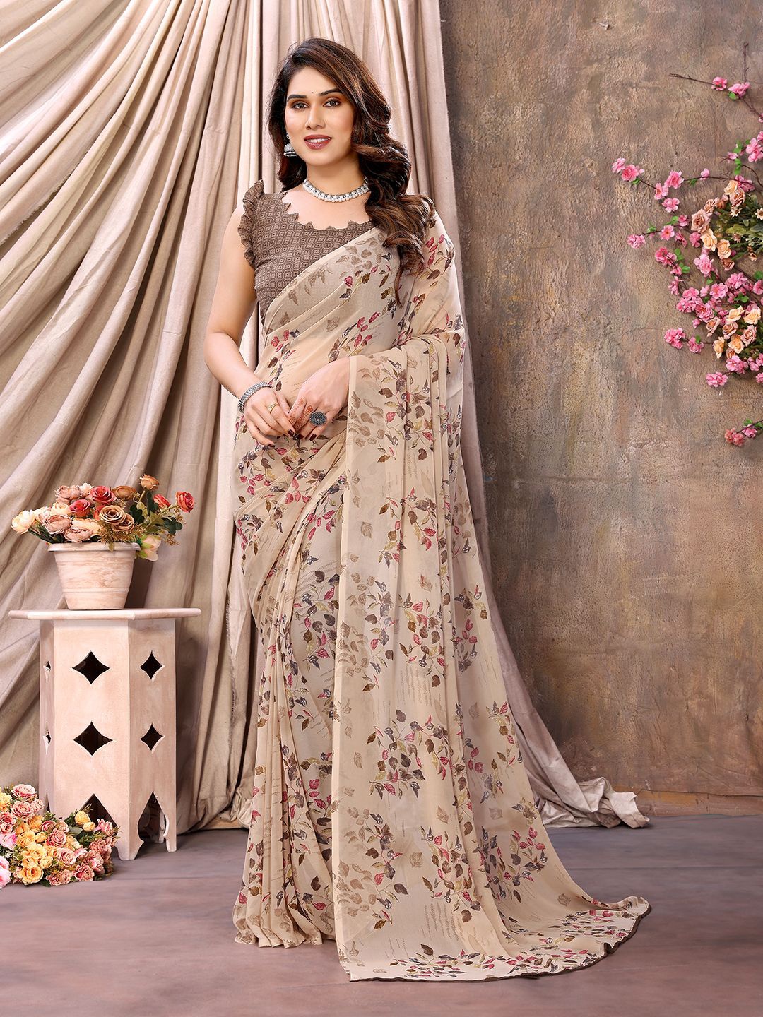 

ANAND SAREES Floral Pure Chiffon Saree, Beige