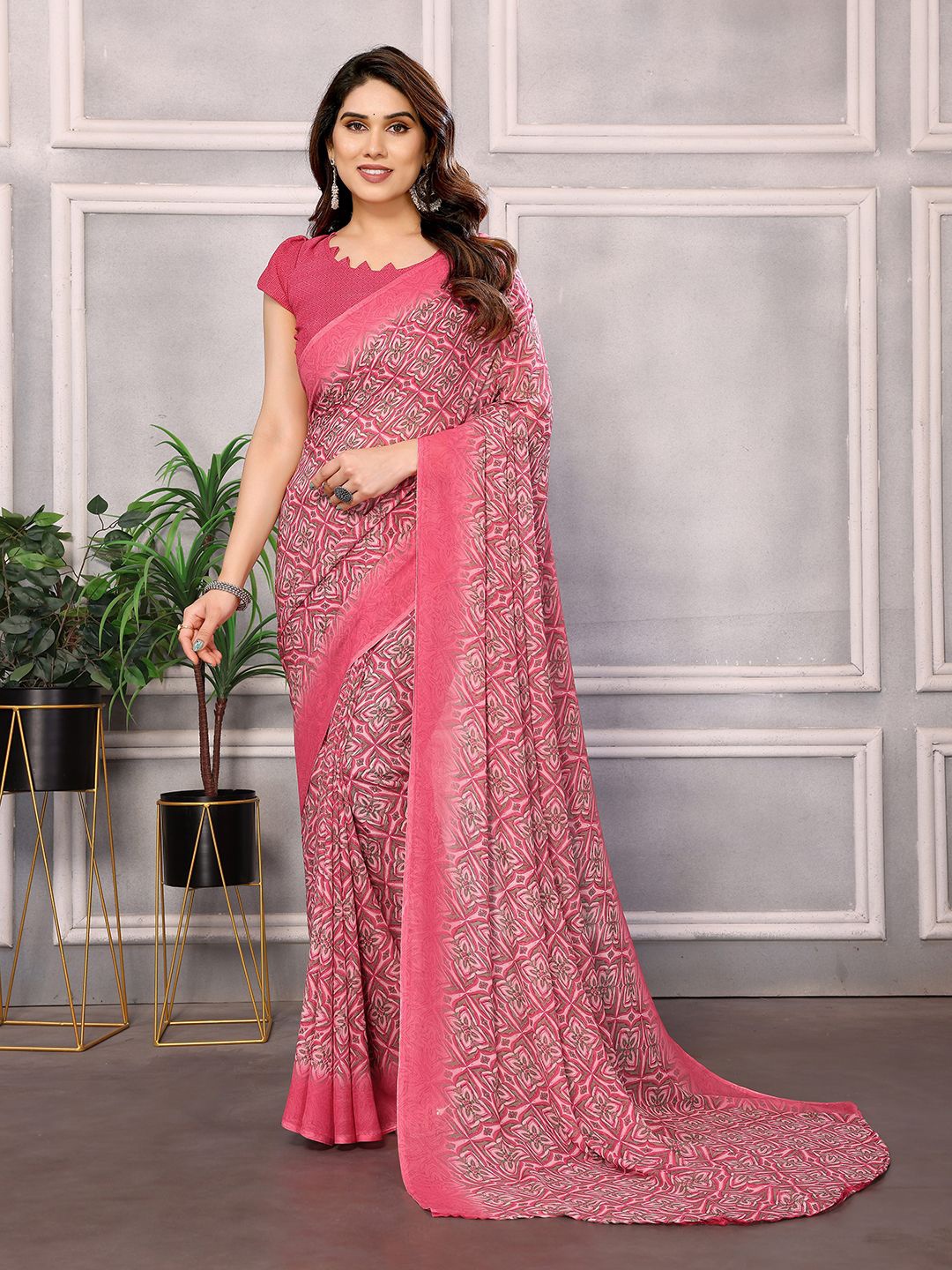 

ANAND SAREES Floral Pure Georgette Saree With Blouse Piece, Pink