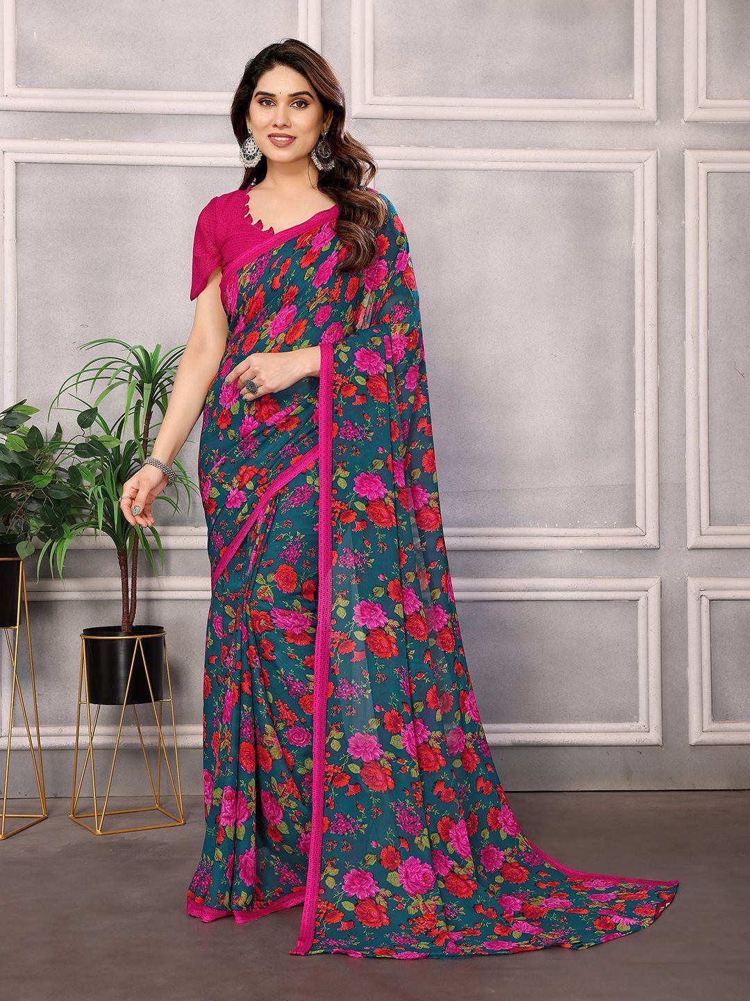 

Moda Rapido Floral Pure Georgette Saree, Grey