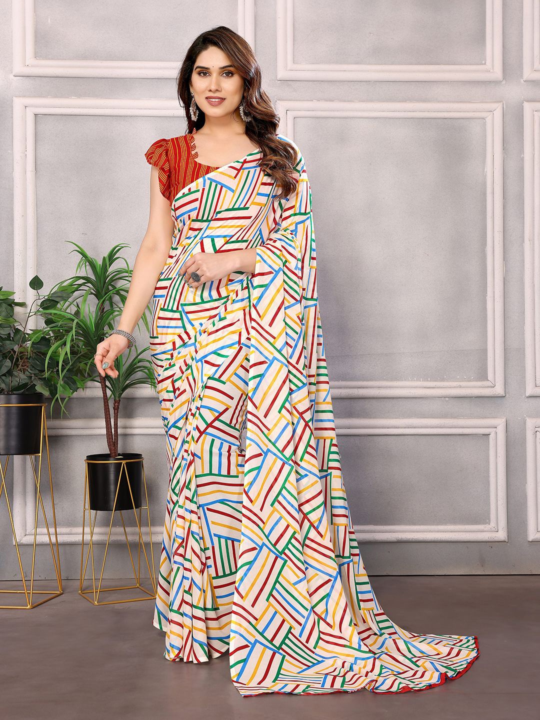 

ANAND SAREES Abstract Printed Pure Georgette Saree, Beige