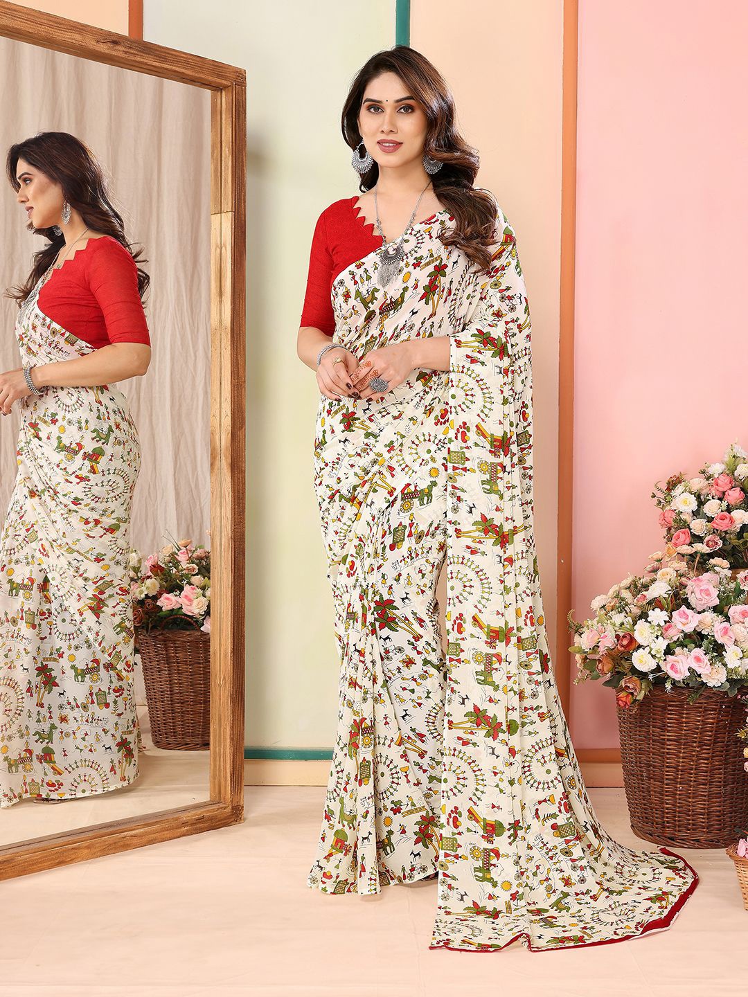 

Moda Rapido Warli Pure Georgette Saree, White