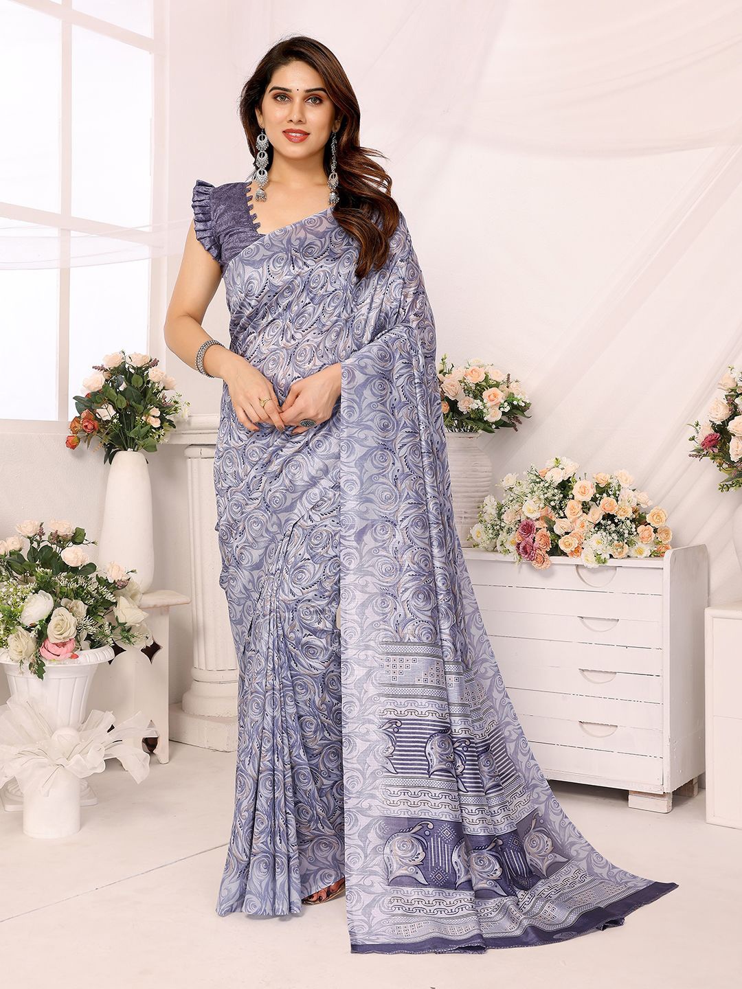 

ANAND SAREES Floral Printed Saree, Grey