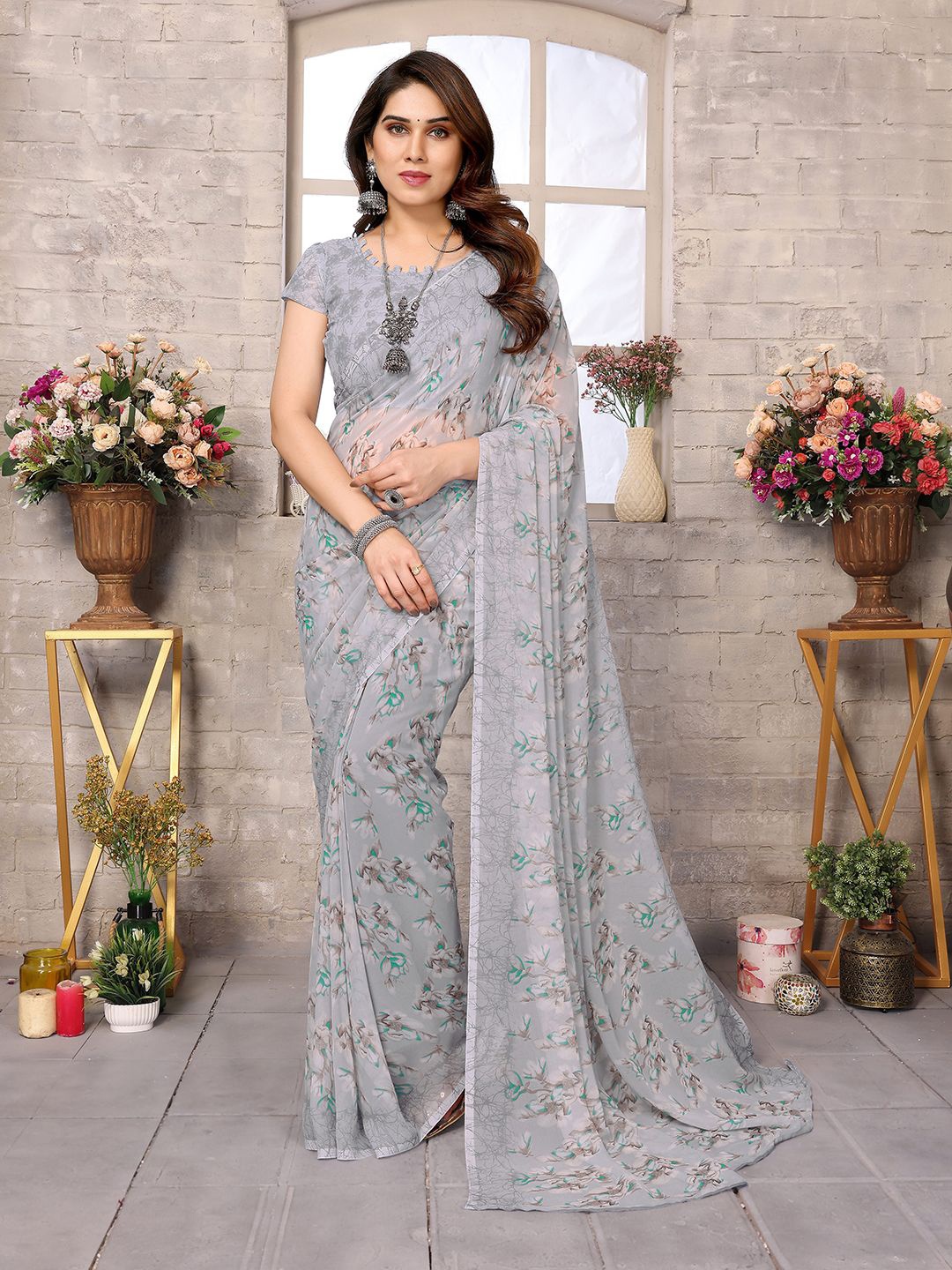 

ANAND SAREES Floral Pure Georgette Saree, Grey