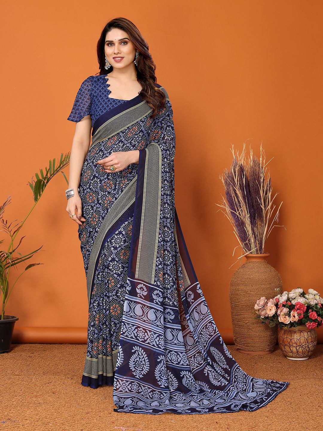 

ANAND SAREES Ethnic Motifs Printed Pure Georgette Saree, Blue