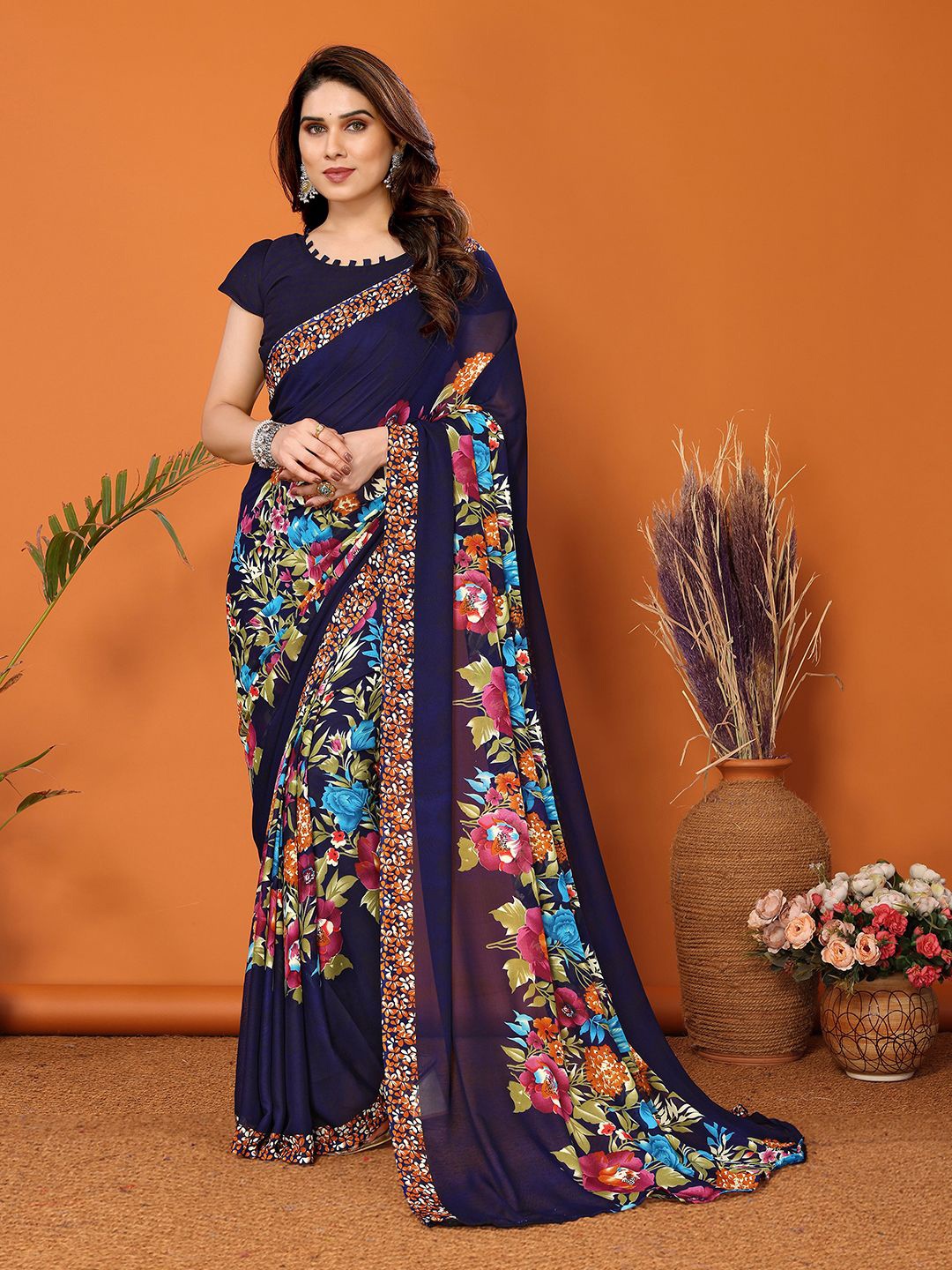 ANAND SAREES Floral Pure Georgette Saree, Blue