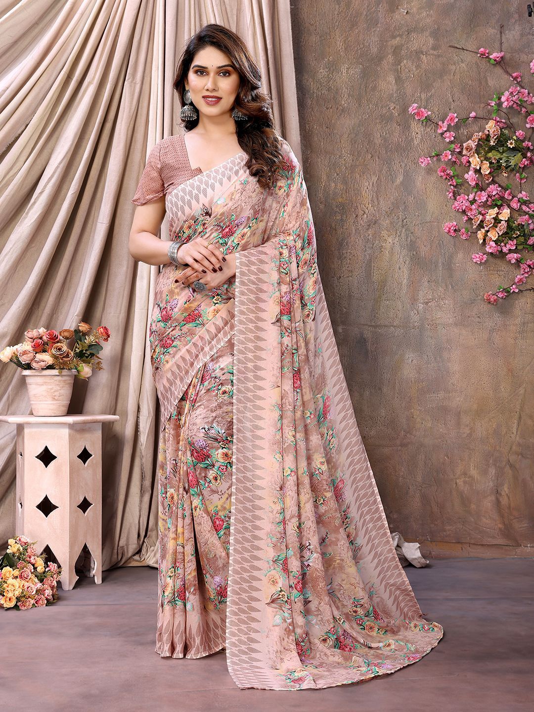 Moda Rapido Floral Pure Georgette Saree, Brown