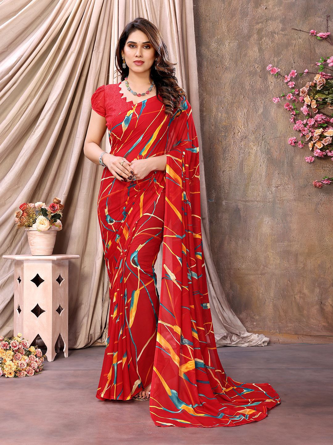 

ANAND SAREES Abstract Printed Pure Georgette Saree, Red