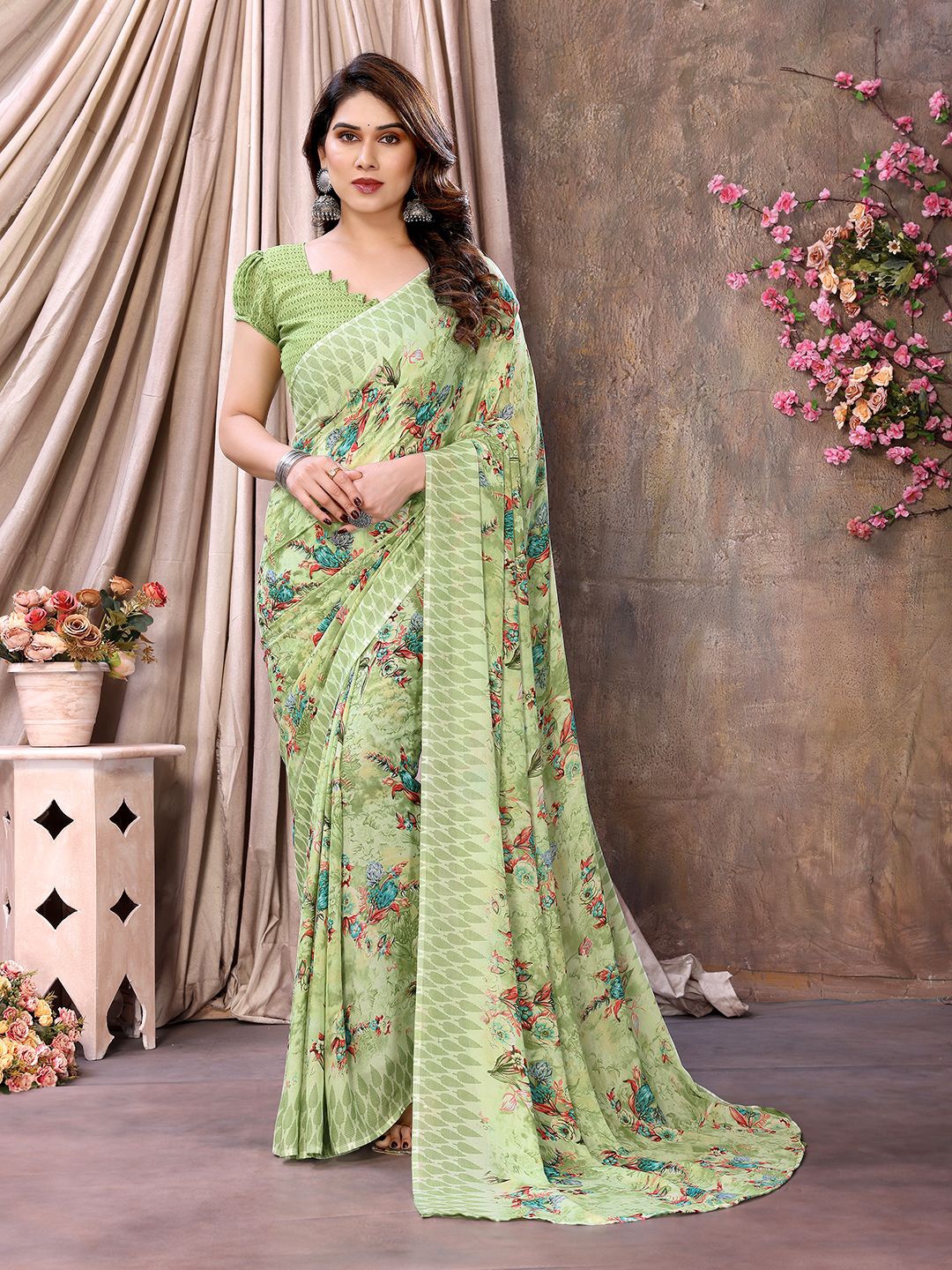 ANAND SAREES Floral Pure Georgette Saree, Green