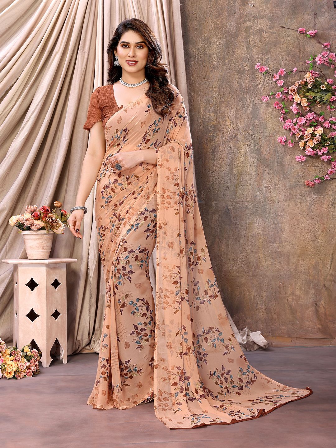 

ANAND SAREES Floral Pure Chiffon Saree, Beige