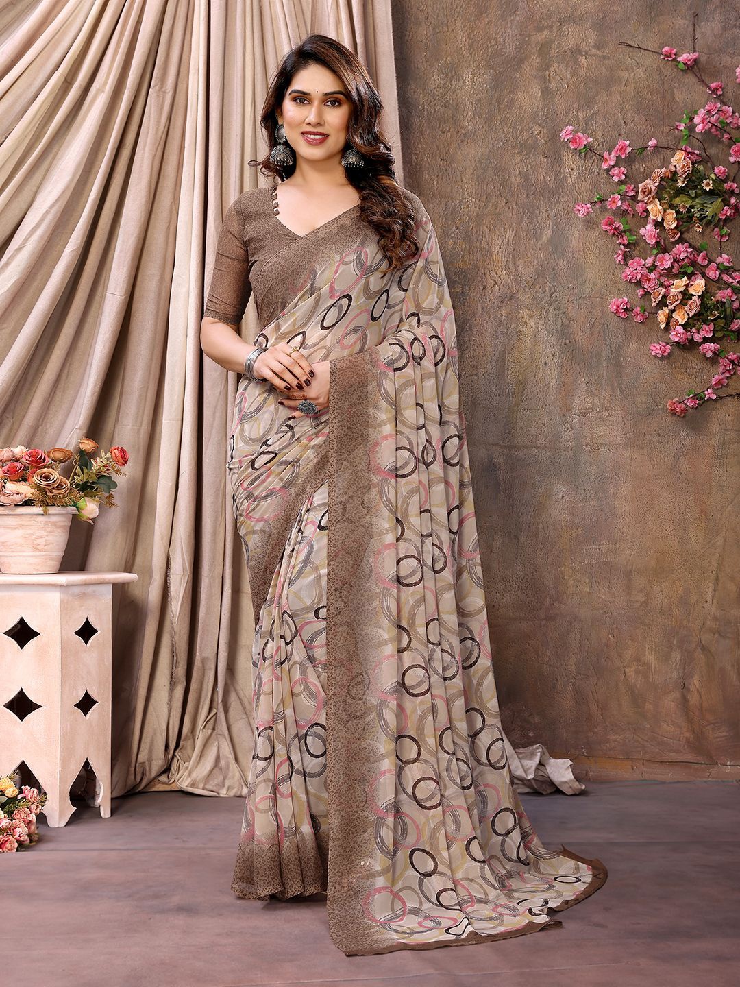 

ANAND SAREES Pure Chiffon Saree, Brown