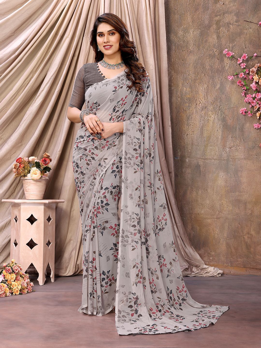 

ANAND SAREES Floral Pure Chiffon Saree, Grey