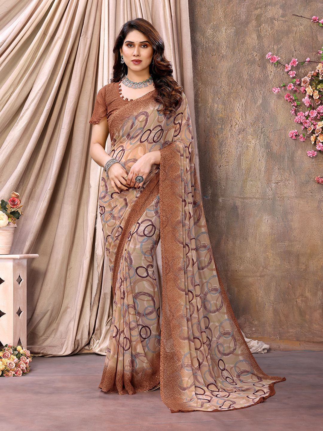 

ANAND SAREES Pure Chiffon Printed Saree, Brown
