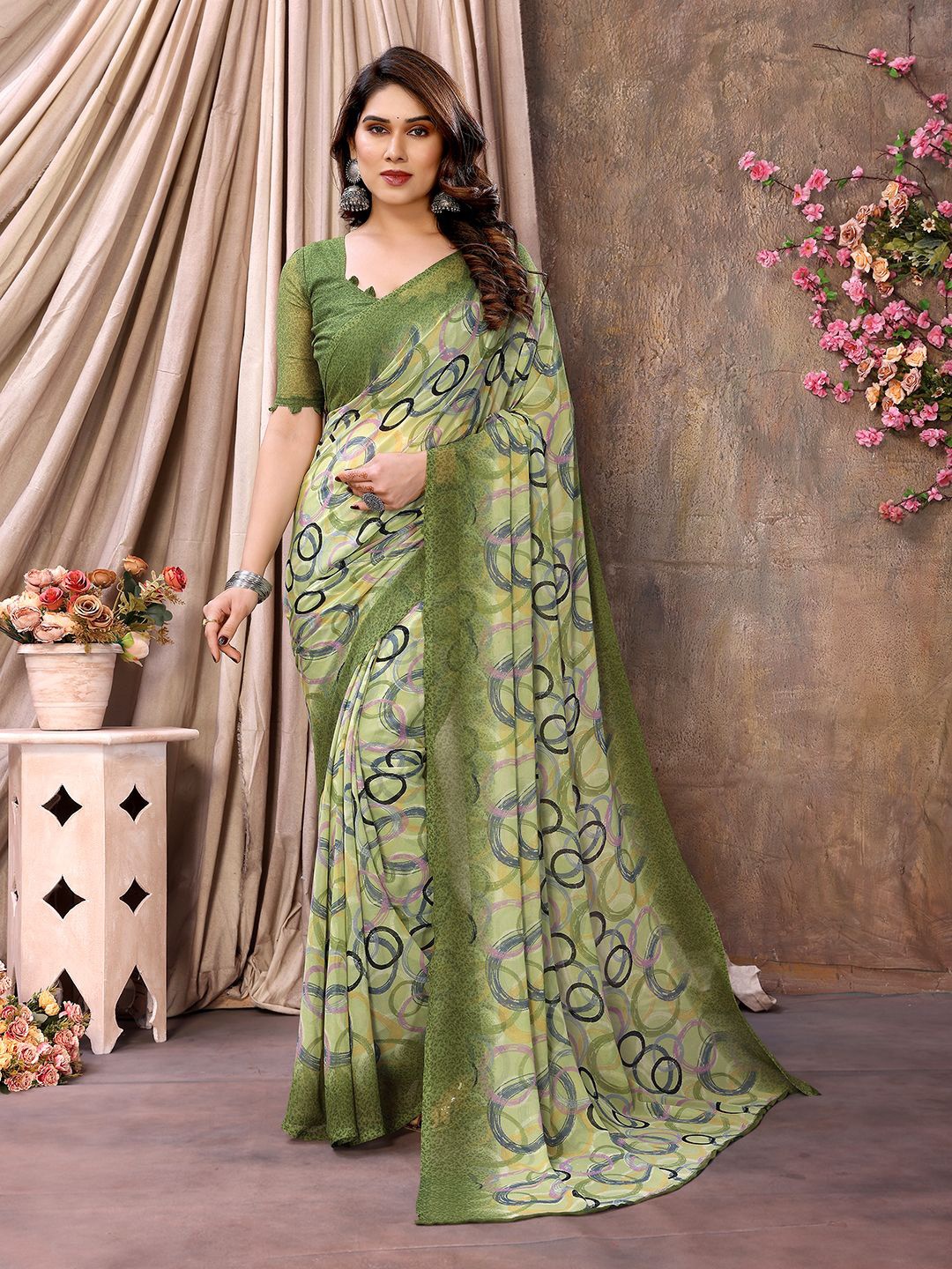 

ANAND SAREES Geometric Printed Pure Chiffon Saree, Green