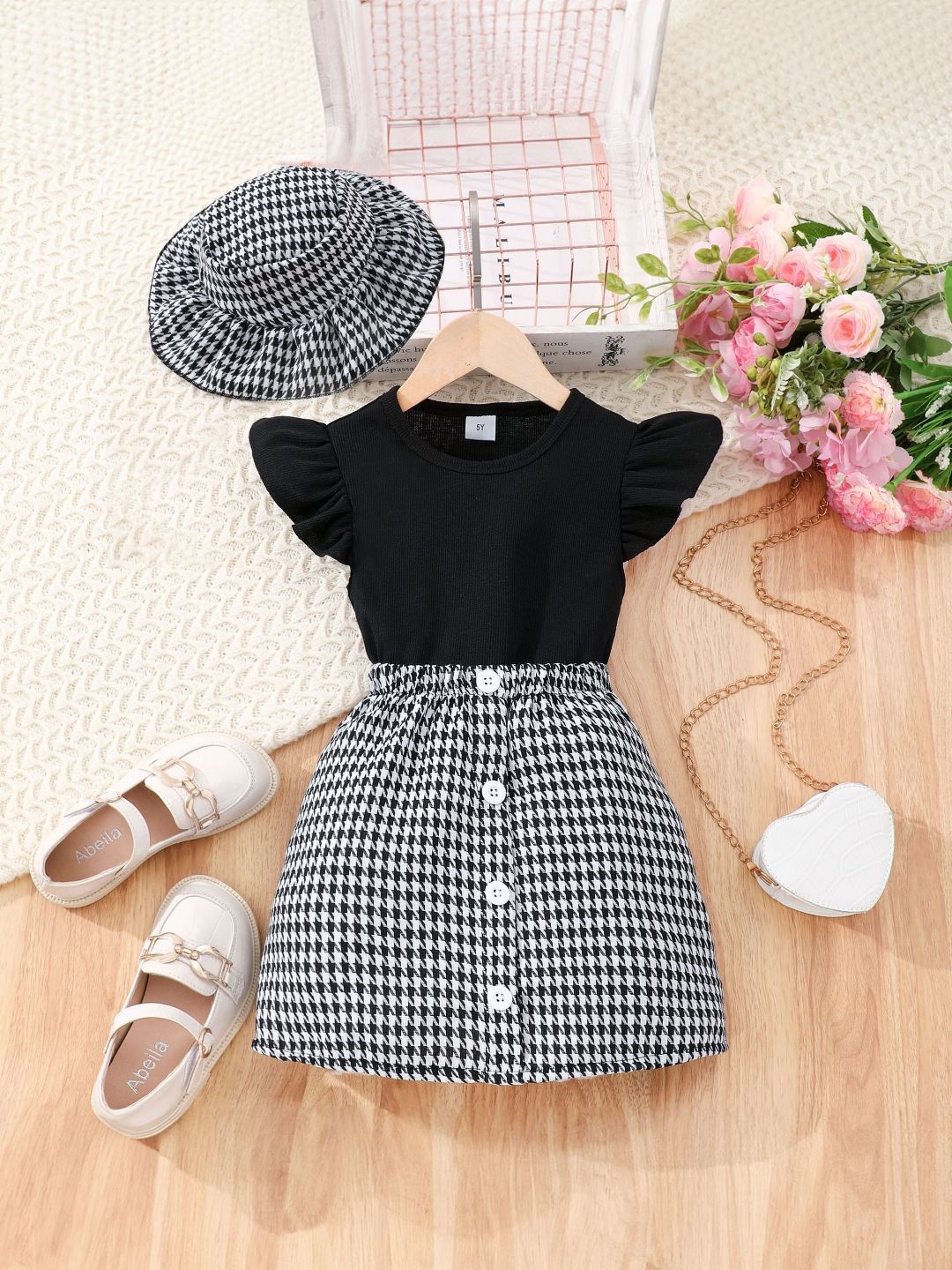 

StyleCast Round Neck Checked Cap Sleeves A-Line Dress, Black