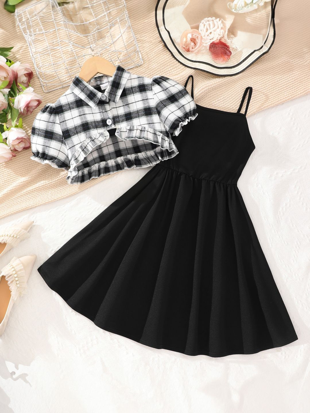 

StyleCast Girls Shirt Collar Checked Short Sleeves A-Line Midi Dress, Black