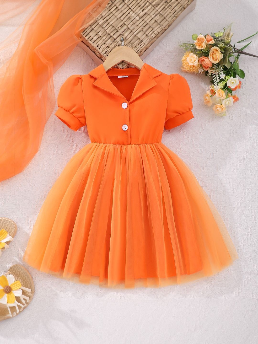 

StyleCast Girls Puff Sleeves Fit and Flare Midi Dress, Orange