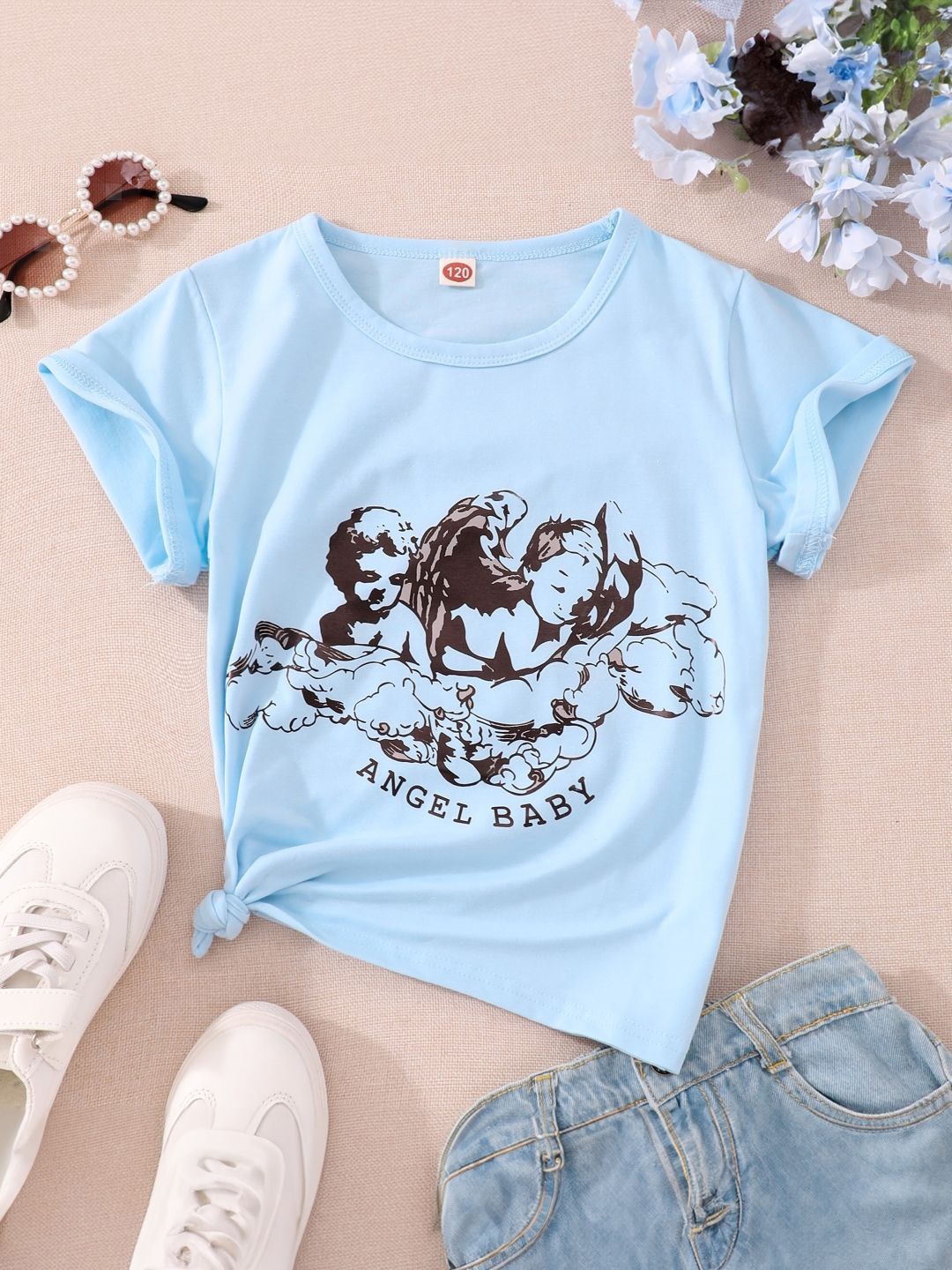 

StyleCast Girls Round Neck Short Sleeves Graphic Printed Regular Top, Blue