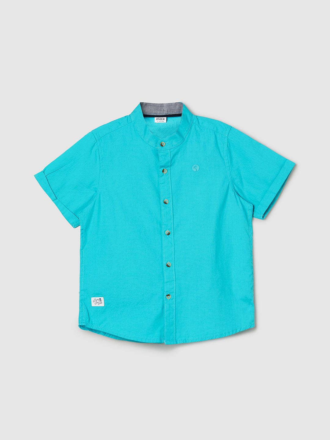 

max Boy Solid Band Collar Pure Cotton Casual Shirt, Turquoise blue