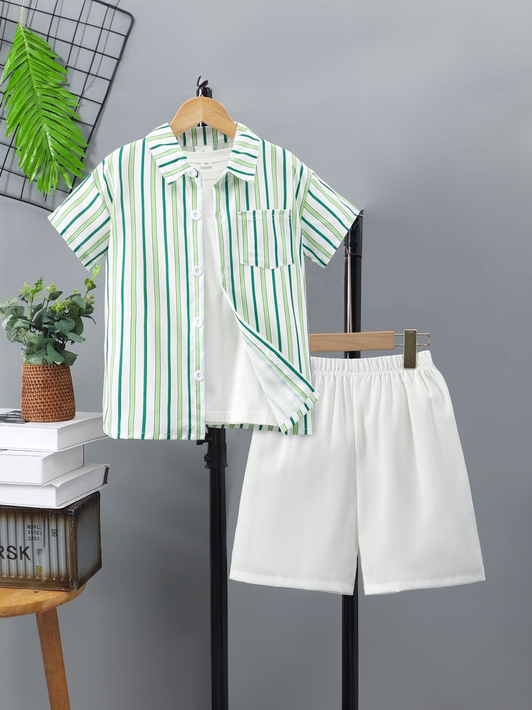 

StyleCast Girls Green & White Shirt Collar Striped Shirt with Shorts