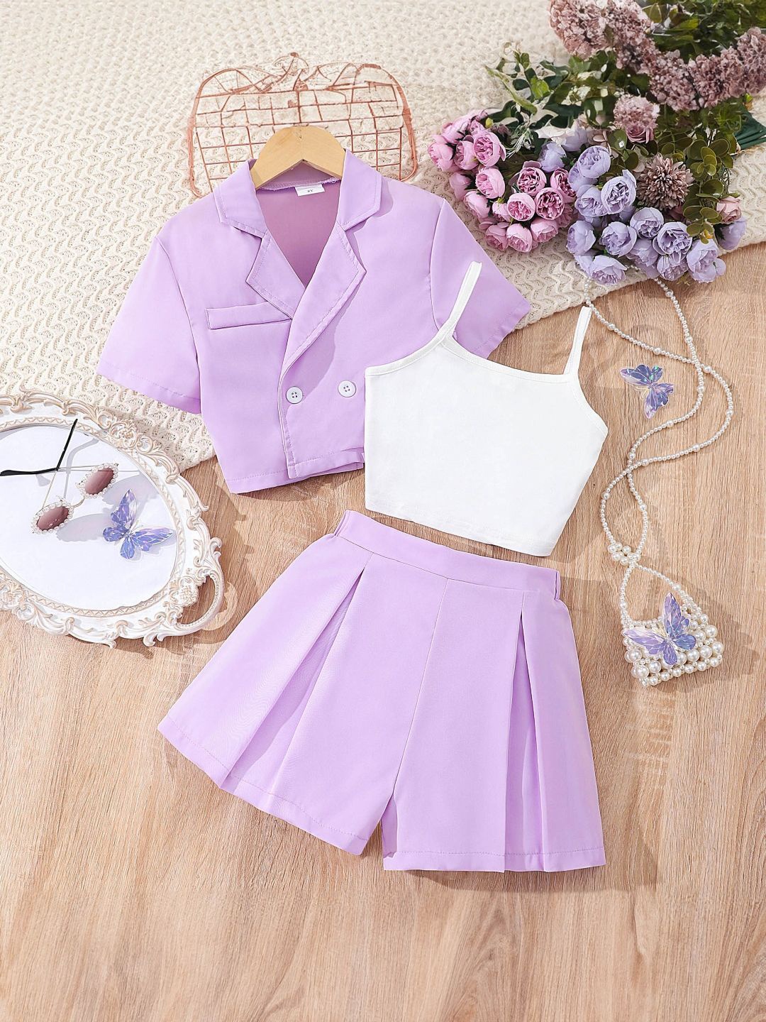 

StyleCast Girls Shawl Neck Top with Shorts, Purple