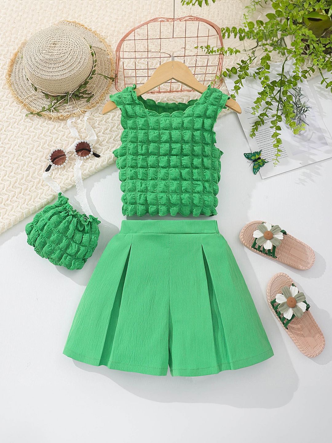 

StyleCast Girls Green Round Neck Sleeves Top with Shorts