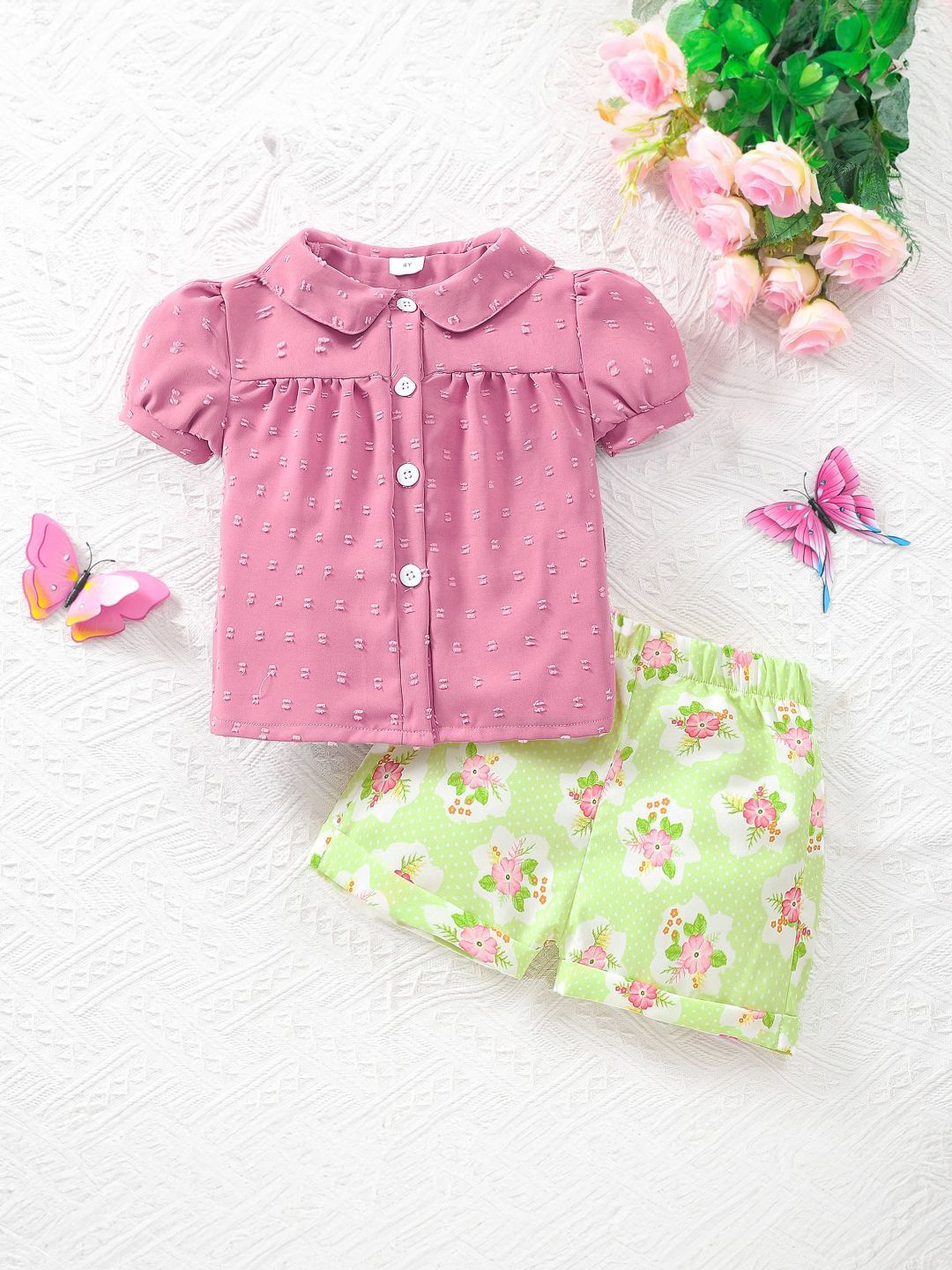 

StyleCast Girls Printed Shirt Collar Top with Shorts, Pink