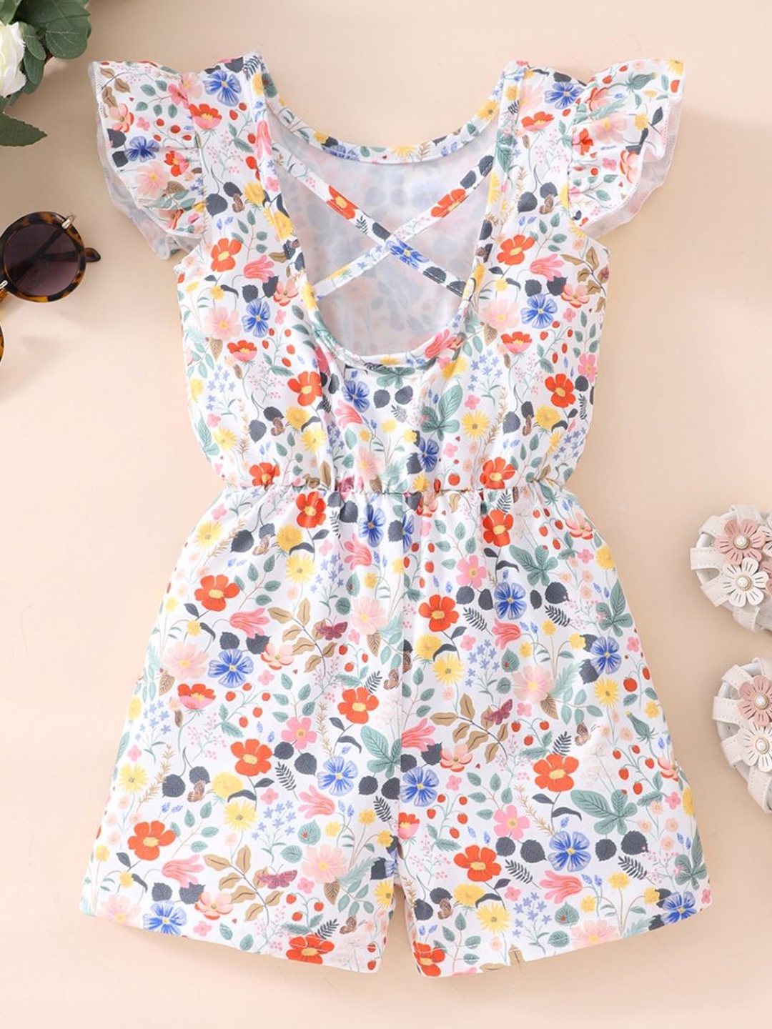 

StyleCast Girls White & Blue Floral Printed Round Neck Jumpsuit