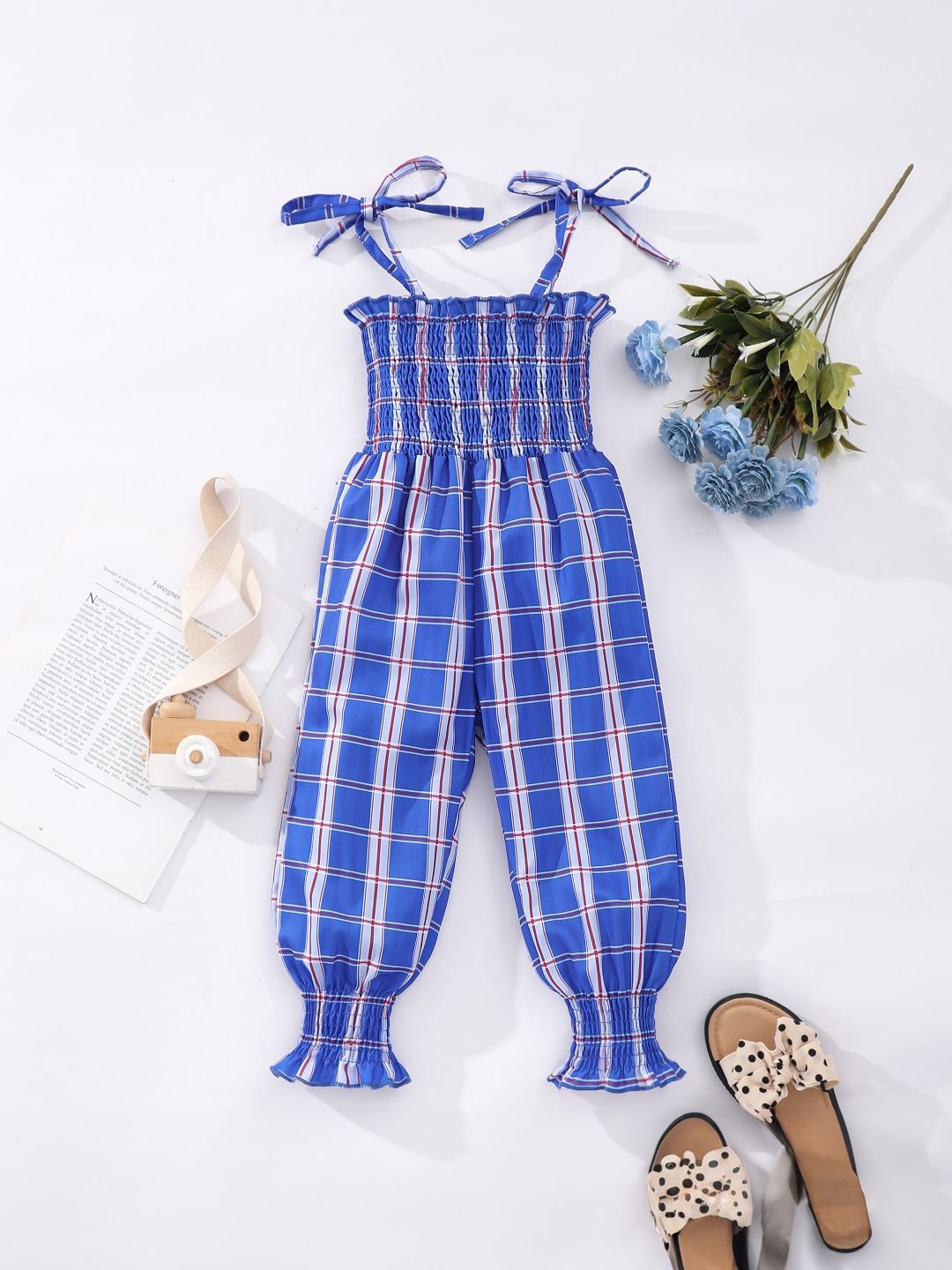 

StyleCast Girls Blue & White Checked Shoulder Straps Sleeveless Jumpsuit