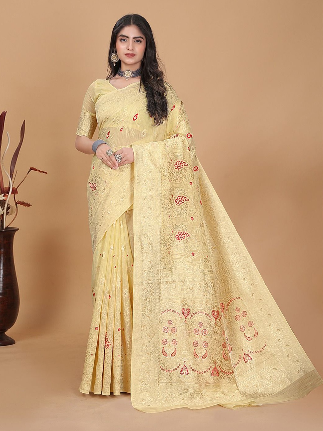 

RUDIT CREATION Zari Woven Ethnic Motifs Saree, Yellow